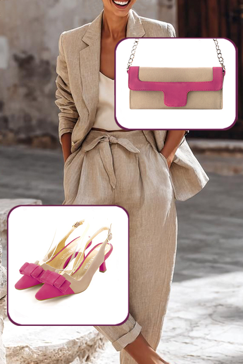 Women's fuchsia pink and tan beige elegant slingback heels, with a bow on the front. Tapered toe. Medium spool heels - Worn view